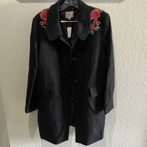 LOFT Black W/ Floral Applique Wool Blend Knee‎ Length Car Coat Size XL - NWT